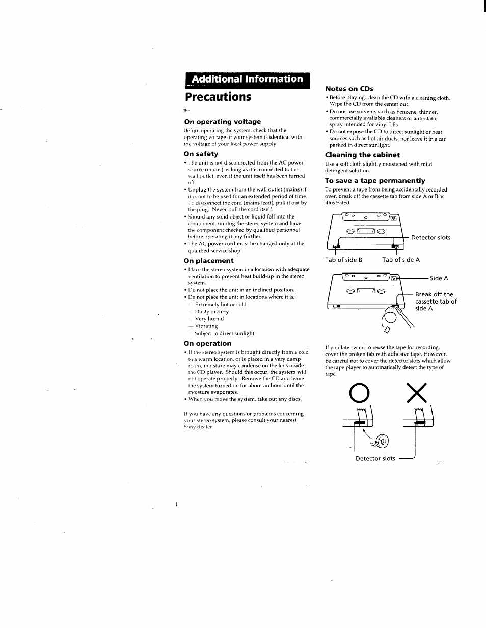 Precautions, On operating voltage, On safety | On placement, On operation, Notes on cds, Cleaning the cabinet, To save a tape permanently, Detertor slots, Additional information | Sony DHC-MD500 User Manual | Page 40 / 47