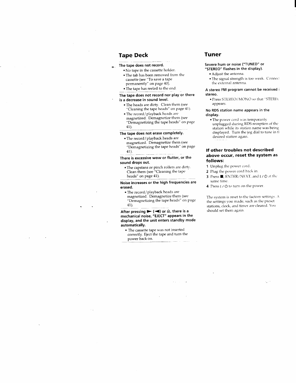 The tape does not record, Noise increases or the high frequencies are erased, A stereo fm program cannot be received i stereo | Sony DHC-MD500 User Manual | Page 43 / 47