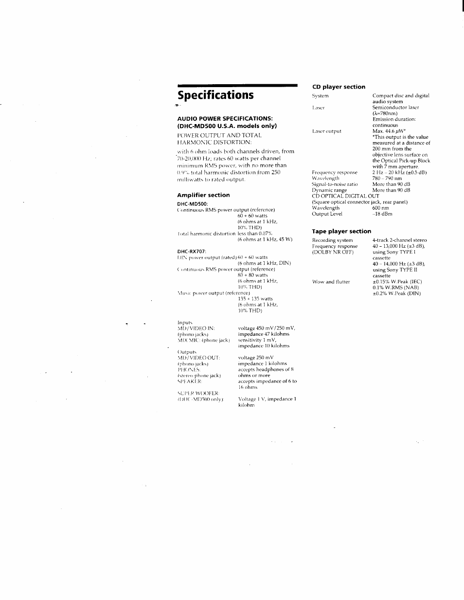 Specifications | Sony DHC-MD500 User Manual | Page 44 / 47