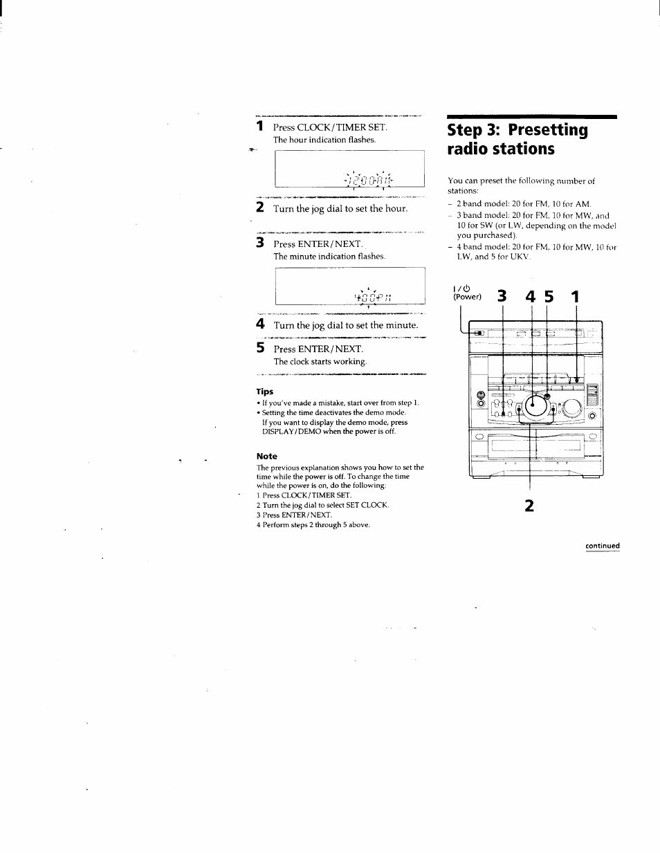 1 press clock / timer set, 2 turn the jog dial to set the hour, 3 press enter/next | 5 press enter/next, Step 3: presetting radio stations, Presetting radio stations | Sony DHC-MD500 User Manual | Page 7 / 47