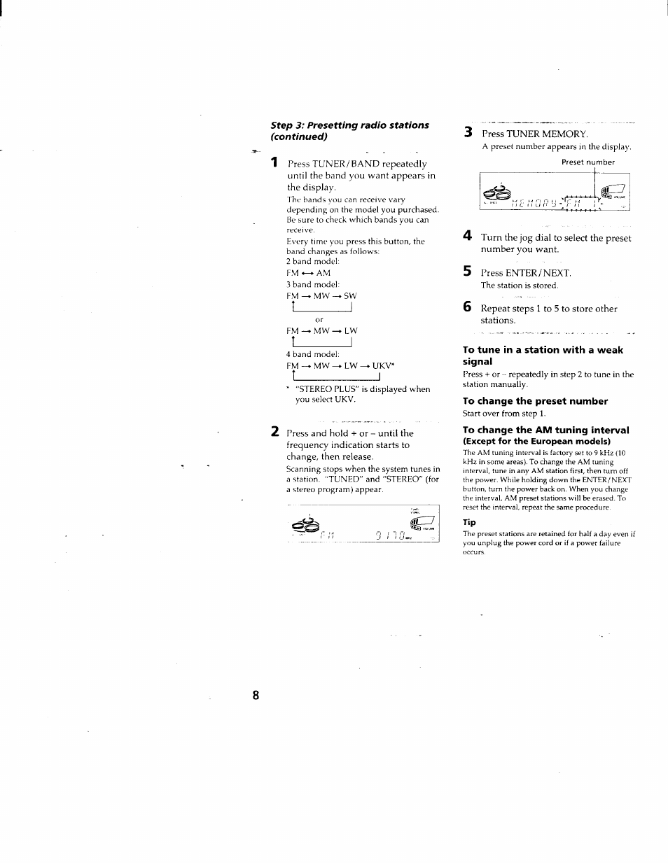 To tune in a station with a weak signal, To change the preset number, To change the am tuning interval | I_ _ _ _ _ _ _ _ _ _ i | Sony DHC-MD500 User Manual | Page 8 / 47