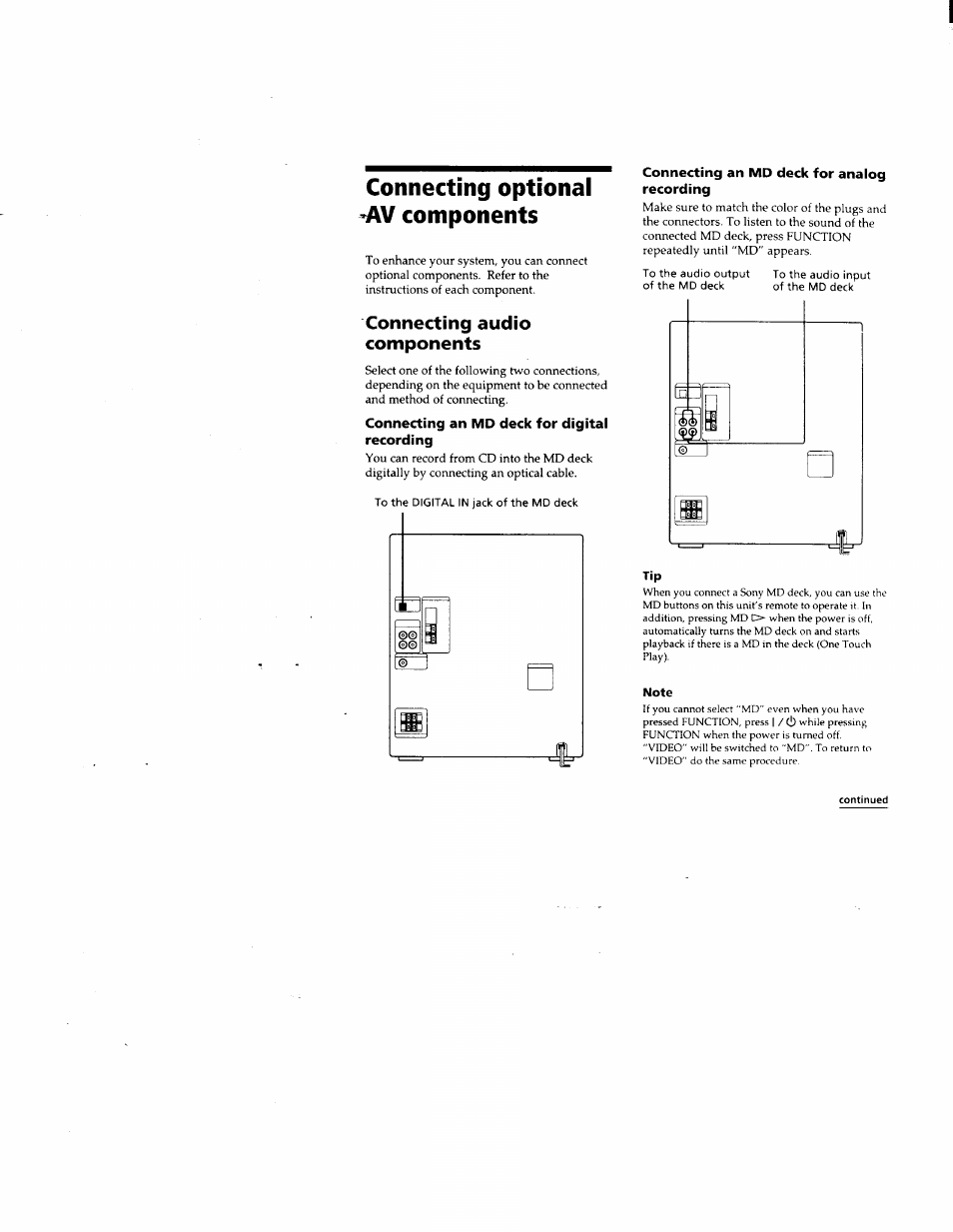 Connecting optional -m/ components, Connecting an md deck for digital recording, Connecting an md deck for analog recording | Connecting audio components | Sony DHC-MD500 User Manual | Page 9 / 47