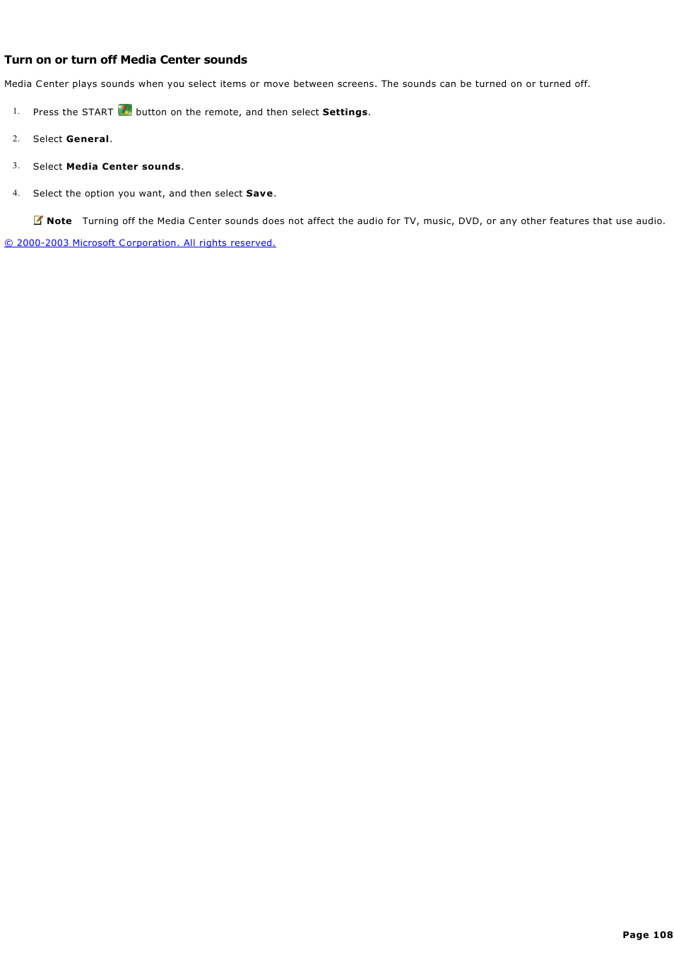 Turn on or turn off media center sounds, Turn on or turn off media c enter sounds | Sony PCV-RZ46G User Manual | Page 108 / 459