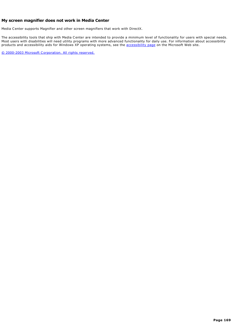 My screen magnifier does not work in media center, My screen magnifier does not work in media c enter | Sony PCV-RZ46G User Manual | Page 169 / 459