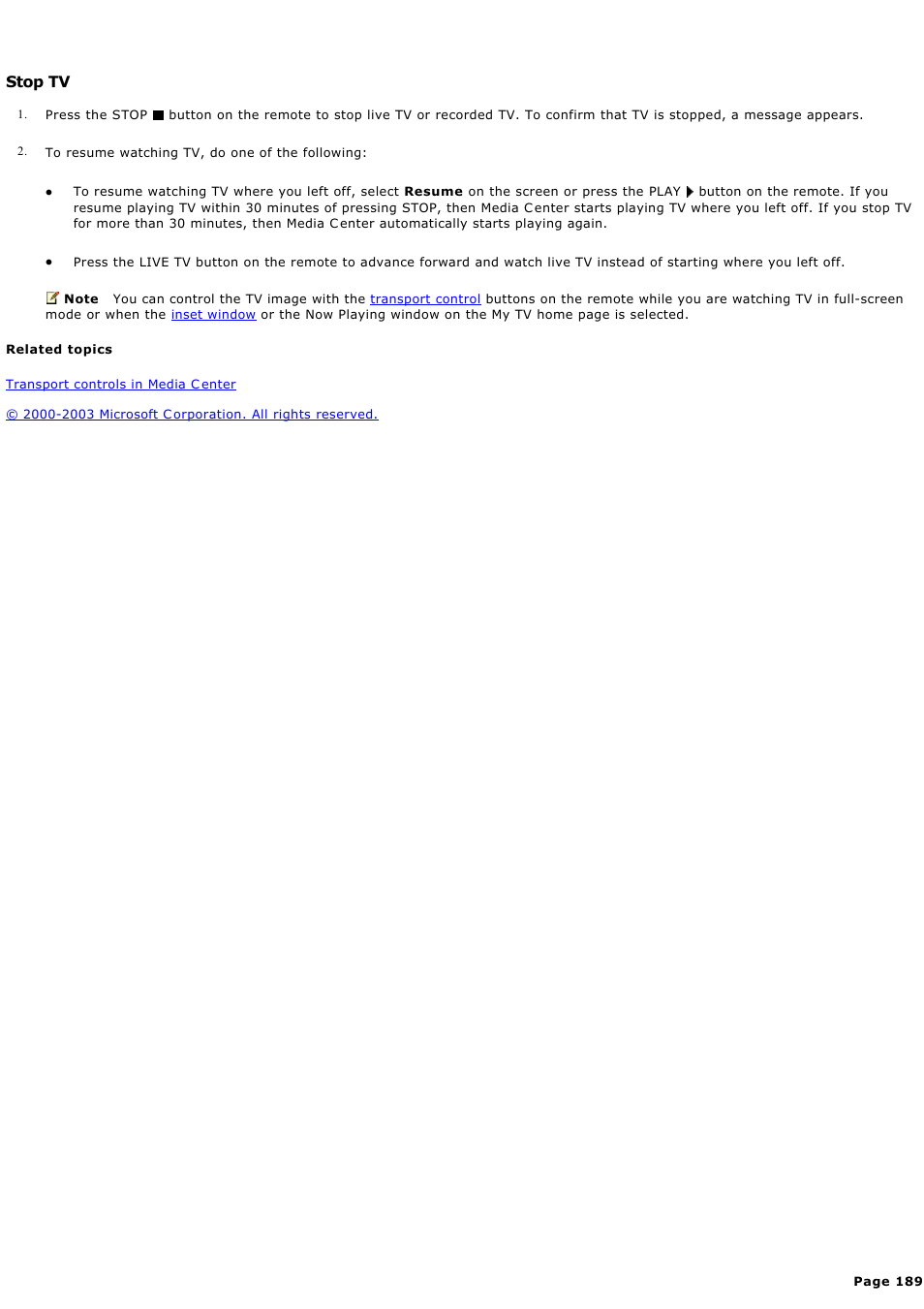Stop tv | Sony PCV-RZ46G User Manual | Page 189 / 459