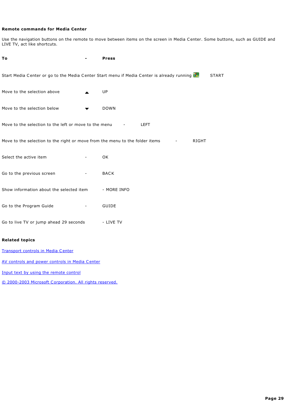 Remote commands for media center | Sony PCV-RZ46G User Manual | Page 29 / 459