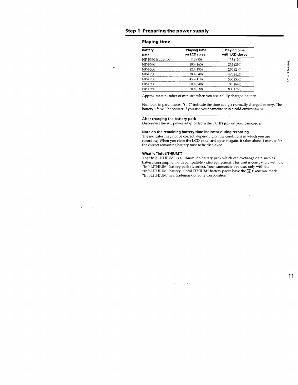 Playing time, After charging the battery pack, What is "infolithium | Step t preparing the power supply playing time | Sony CCD-TRV66 User Manual | Page 11 / 84