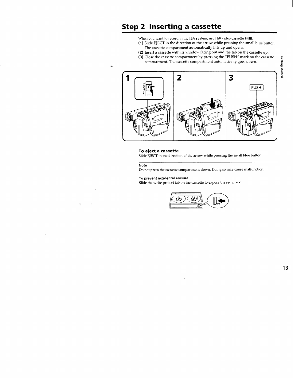Step 2 inserting a cassette, To eject a cassette, Note | To prevent accidental erasure | Sony CCD-TRV66 User Manual | Page 13 / 84
