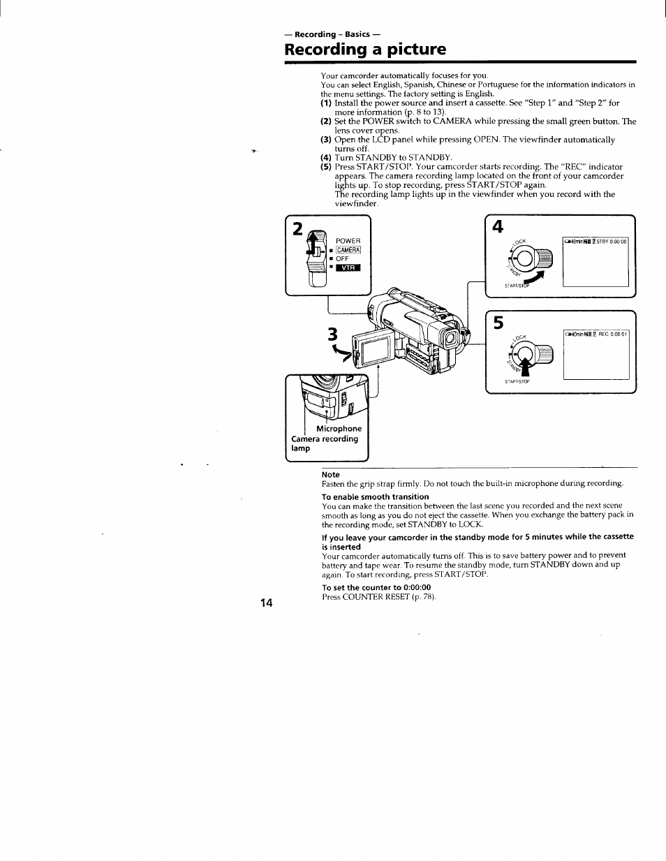 To enable smooth transition, To set the counter to 0:00:00, Recording a picture | Sony CCD-TRV66 User Manual | Page 14 / 84