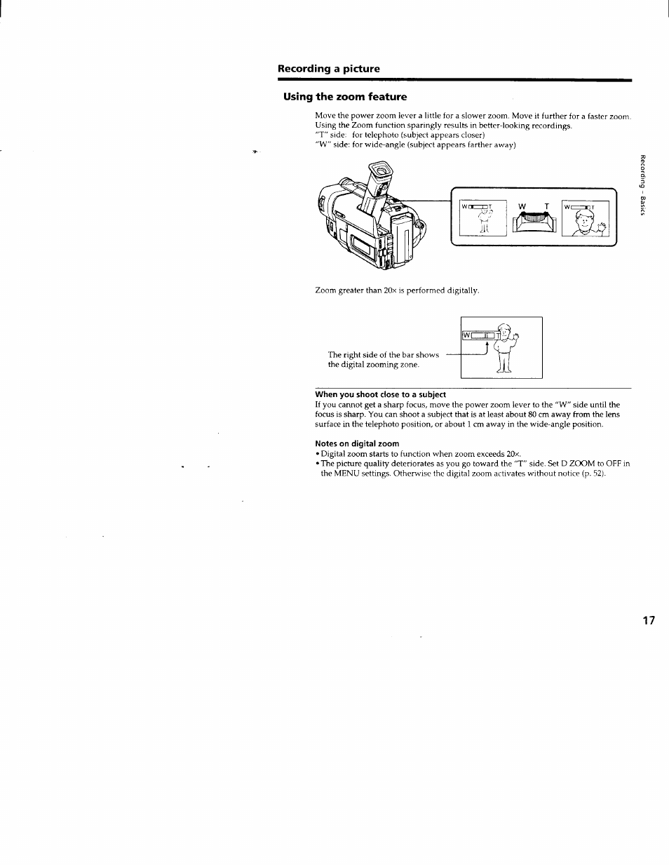 Using the zoom feature, Notes on digital zoom | Sony CCD-TRV66 User Manual | Page 17 / 84