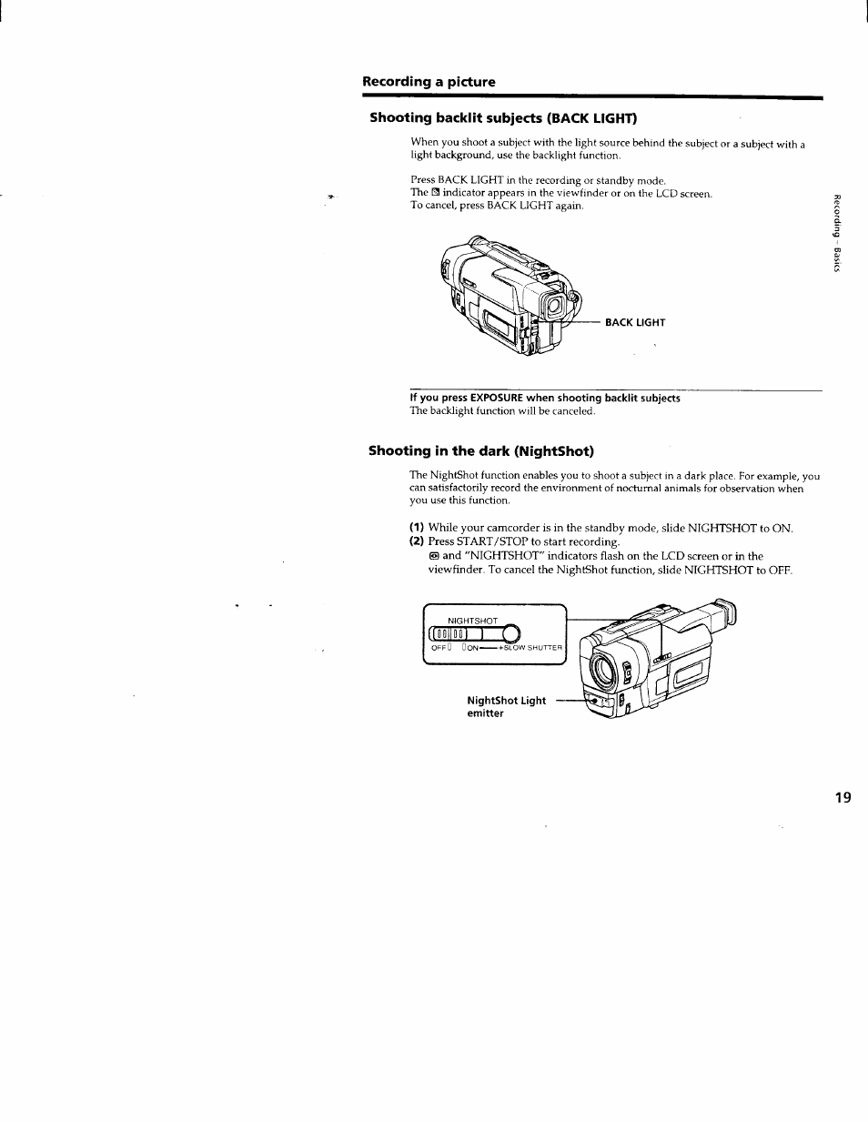Shooting backlit subjects (back light), Shooting in the dark (nightshot) | Sony CCD-TRV66 User Manual | Page 19 / 84