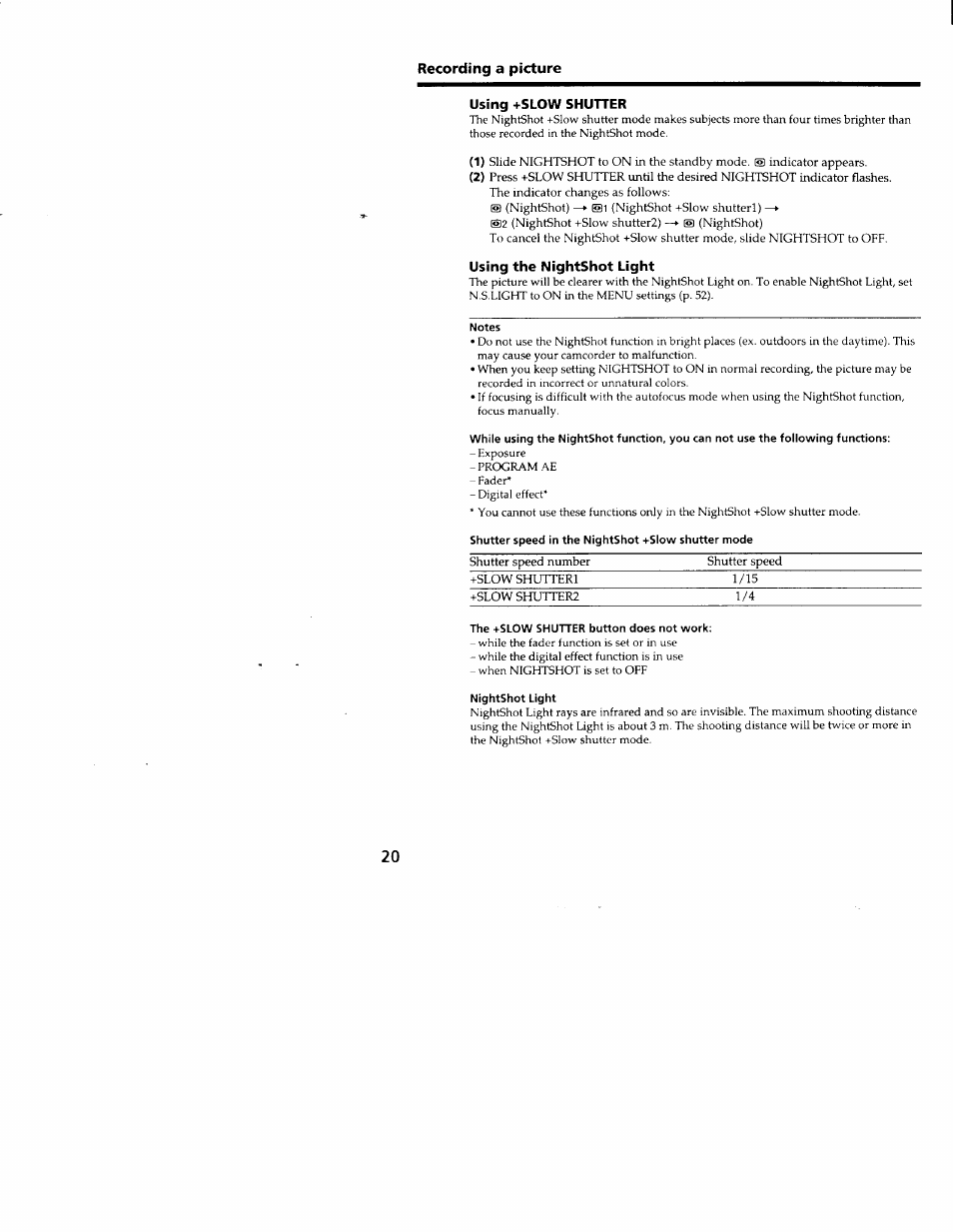 Using +slow shutter, Using the nightshot light, Notes | Shutter speed in the nightshot +slow shutter mode, The +slow shutter button does not work, Nightshot light | Sony CCD-TRV66 User Manual | Page 20 / 84