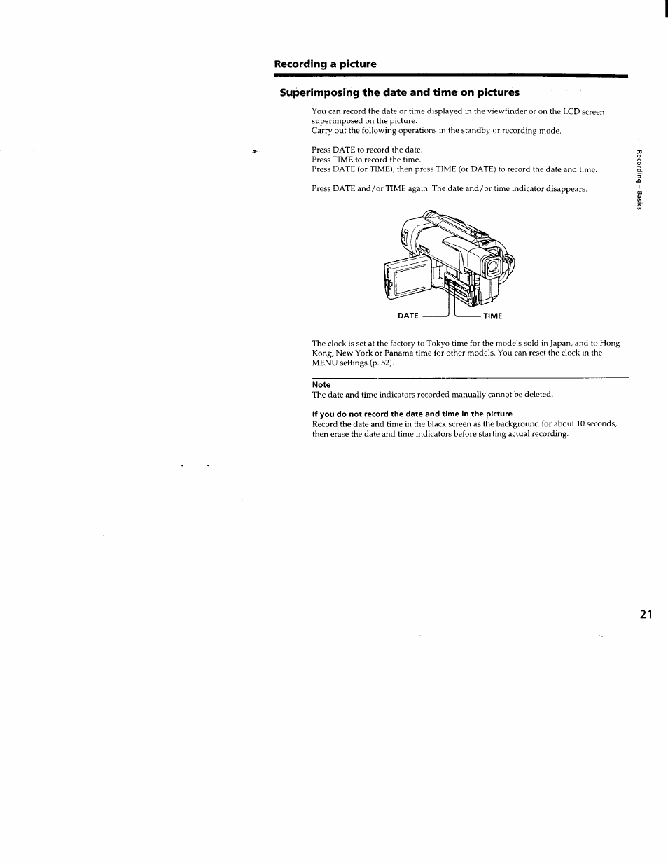 Superimposing the date and time on pictures, Note | Sony CCD-TRV66 User Manual | Page 21 / 84