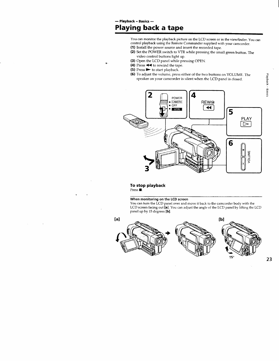 To stop playback, When monitoring on the lcd screen, Playing back a tape | Sony CCD-TRV66 User Manual | Page 23 / 84