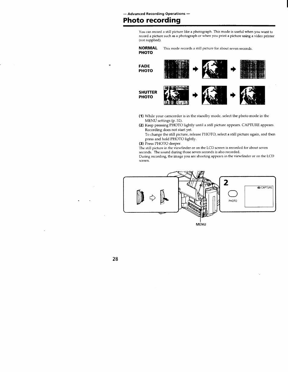 Advanced recording operations, Photo recording | Sony CCD-TRV66 User Manual | Page 28 / 84