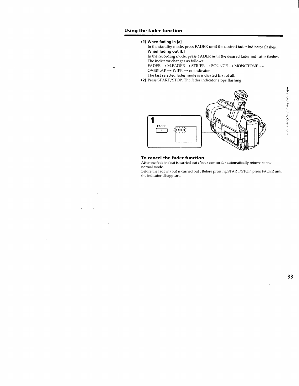 1) when fading in [a, When fading out [b, To cancel the fader function | Sony CCD-TRV66 User Manual | Page 33 / 84
