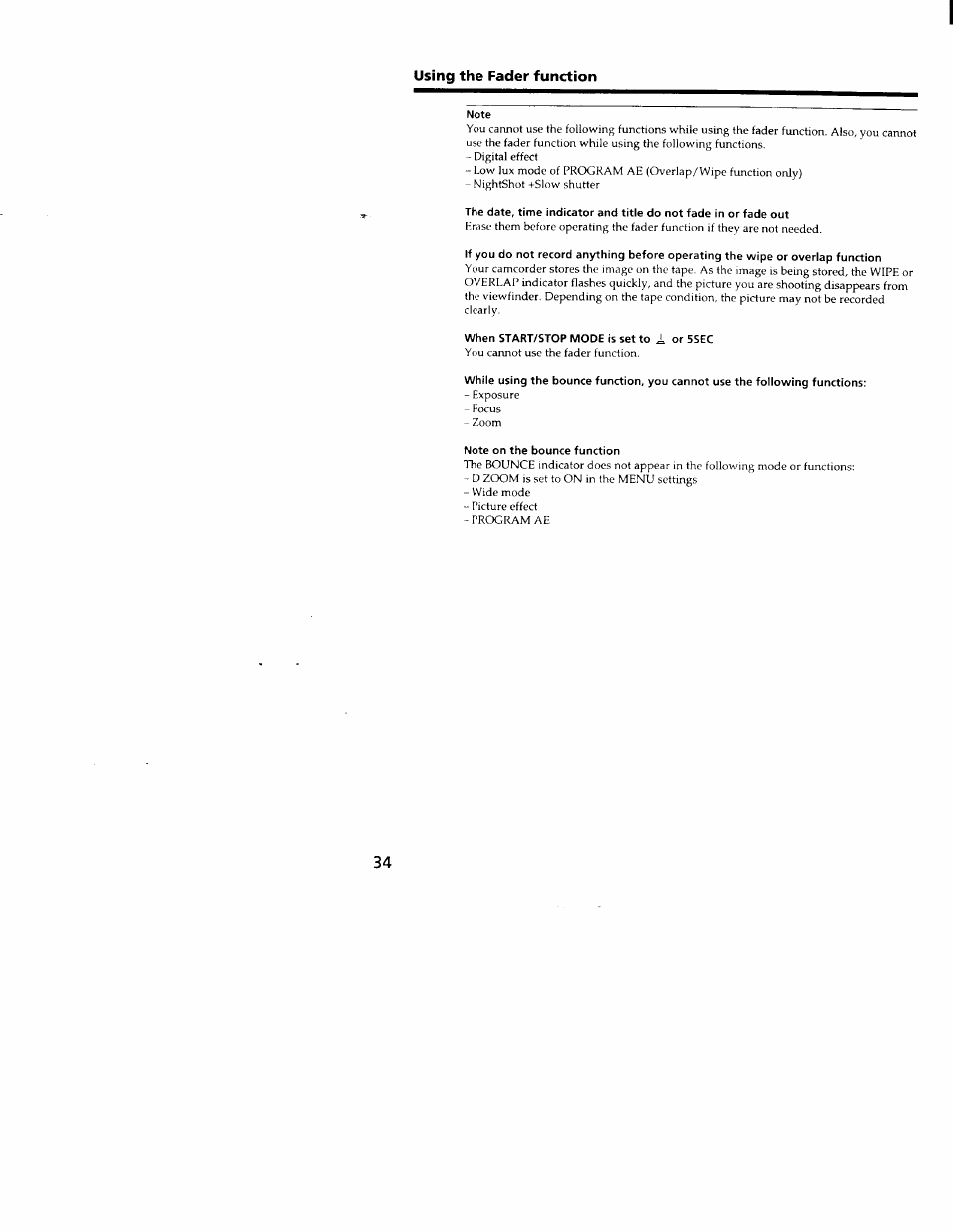 Note, When start/stop mode is set to, Note on the bounce function | Sony CCD-TRV66 User Manual | Page 34 / 84