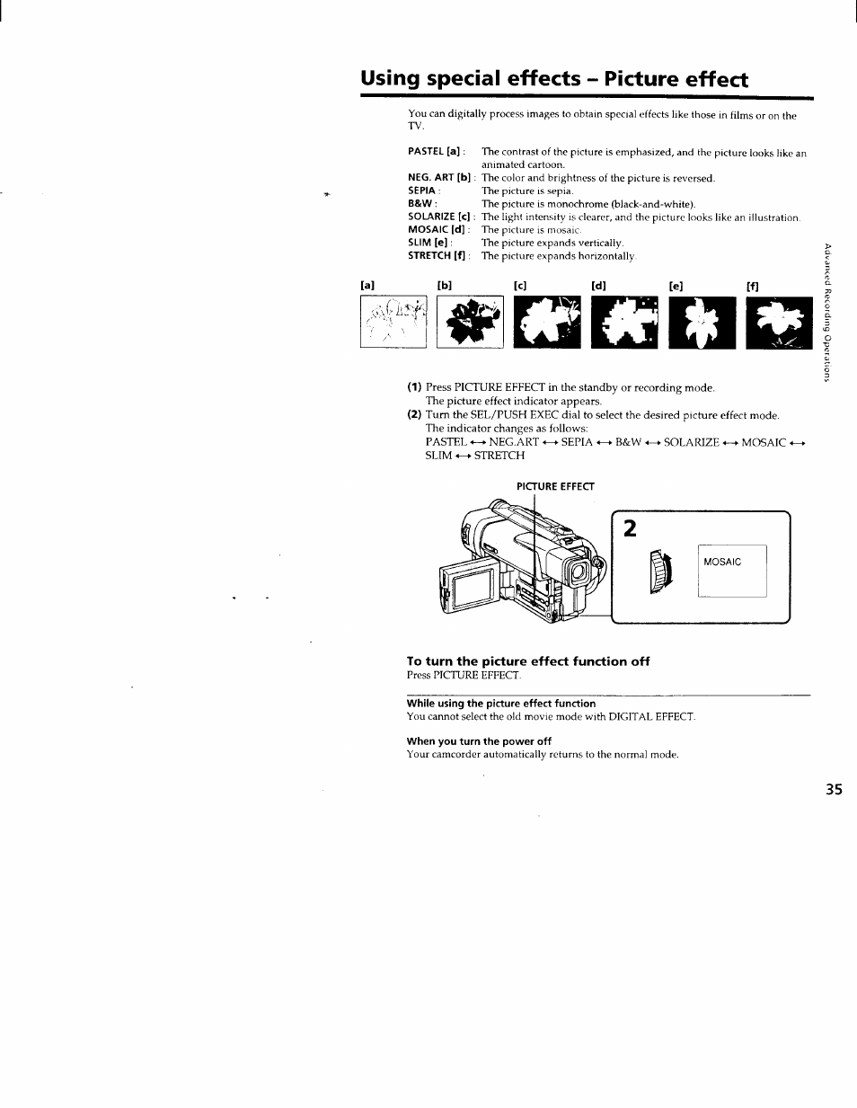 Using special effects - picture effect, To turn the picture effect function off | Sony CCD-TRV66 User Manual | Page 35 / 84