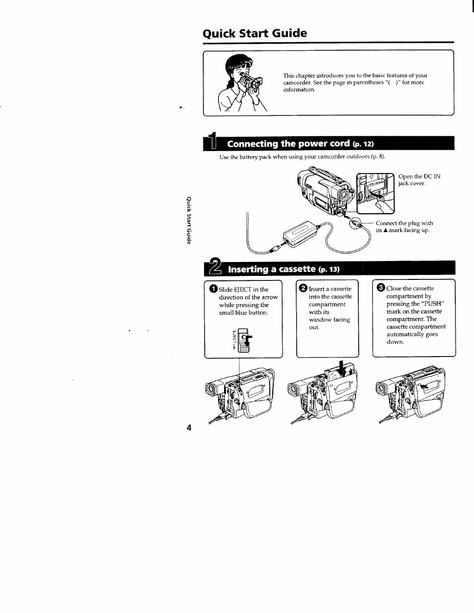 Quick start guide, Connecting the power cord (p. 12 ), Inserting a cassette (p. i3) | Sony CCD-TRV66 User Manual | Page 4 / 84