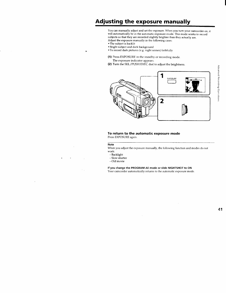 Adjusting the exposure manually, To return to the automatic exposure mode, Exposure"1 — ( i | Sony CCD-TRV66 User Manual | Page 41 / 84