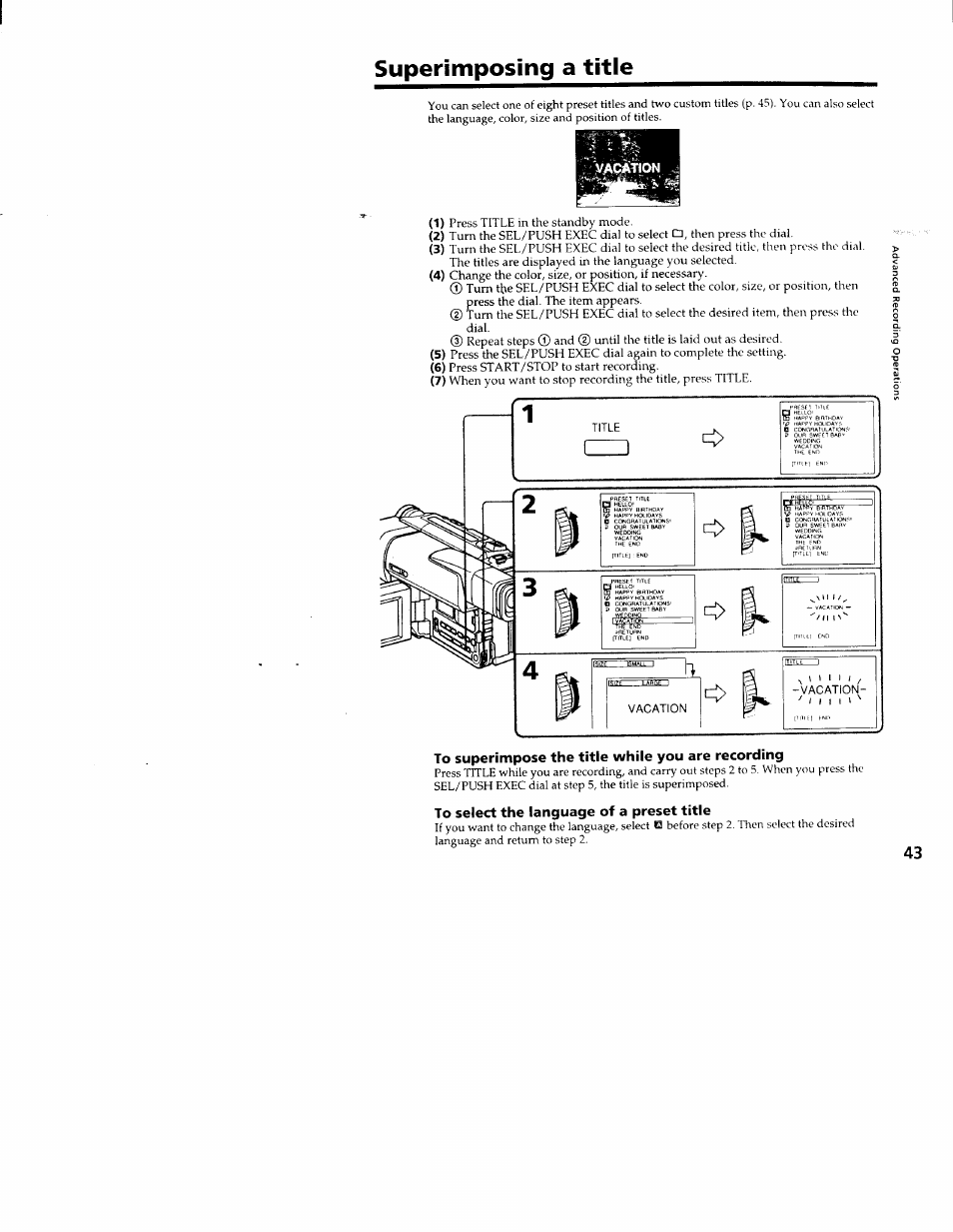Superimposing a title, To superimpose the title while you are recording, To select the language of a preset title | Superimposing a btle | Sony CCD-TRV66 User Manual | Page 43 / 84