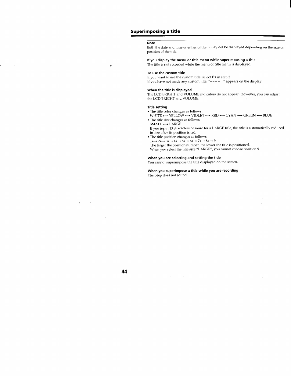 Superimposing a title, Note, To use the custom title | When the title is displayed, Title setting, When you are selecting and setting the titie | Sony CCD-TRV66 User Manual | Page 44 / 84