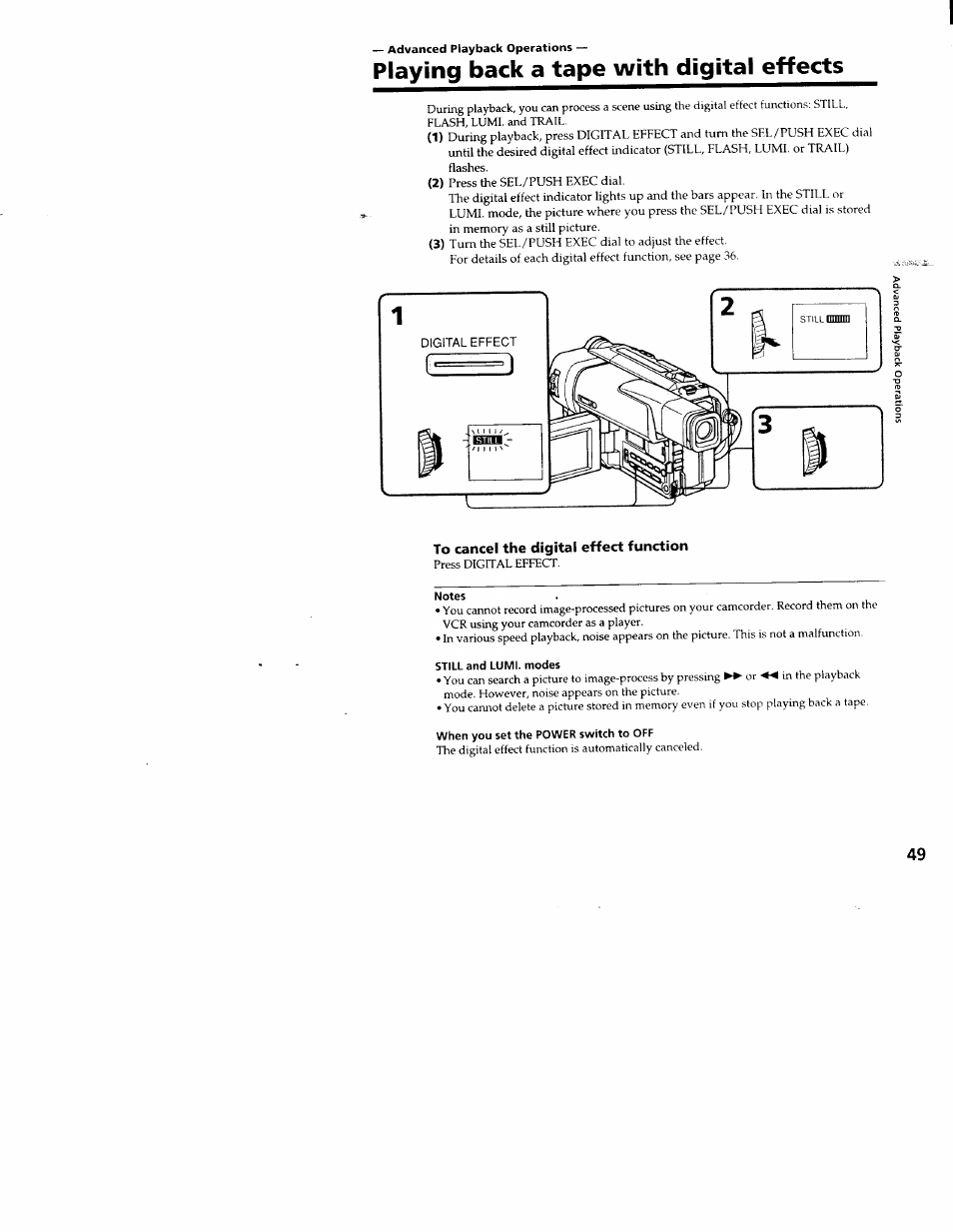 Advanced playback operations, Playing back a tape with digital effects, To cancel the digital effect function | Notes, When you set the power switch to off | Sony CCD-TRV66 User Manual | Page 49 / 84