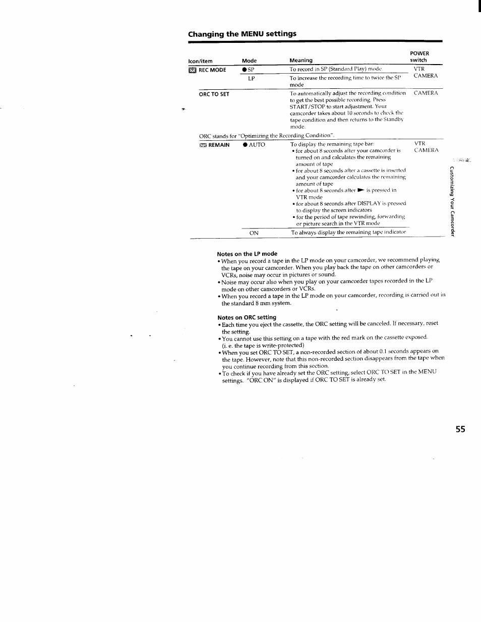 Notes on the lp mode, Notes on orc setting, Changing the menu settings | Sony CCD-TRV66 User Manual | Page 55 / 84
