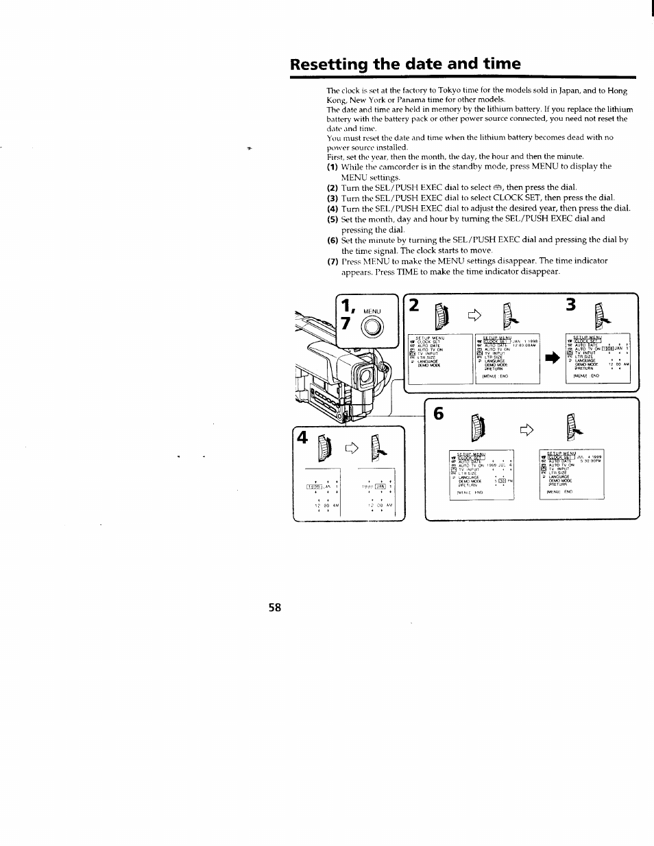 Resetting the date and time | Sony CCD-TRV66 User Manual | Page 58 / 84