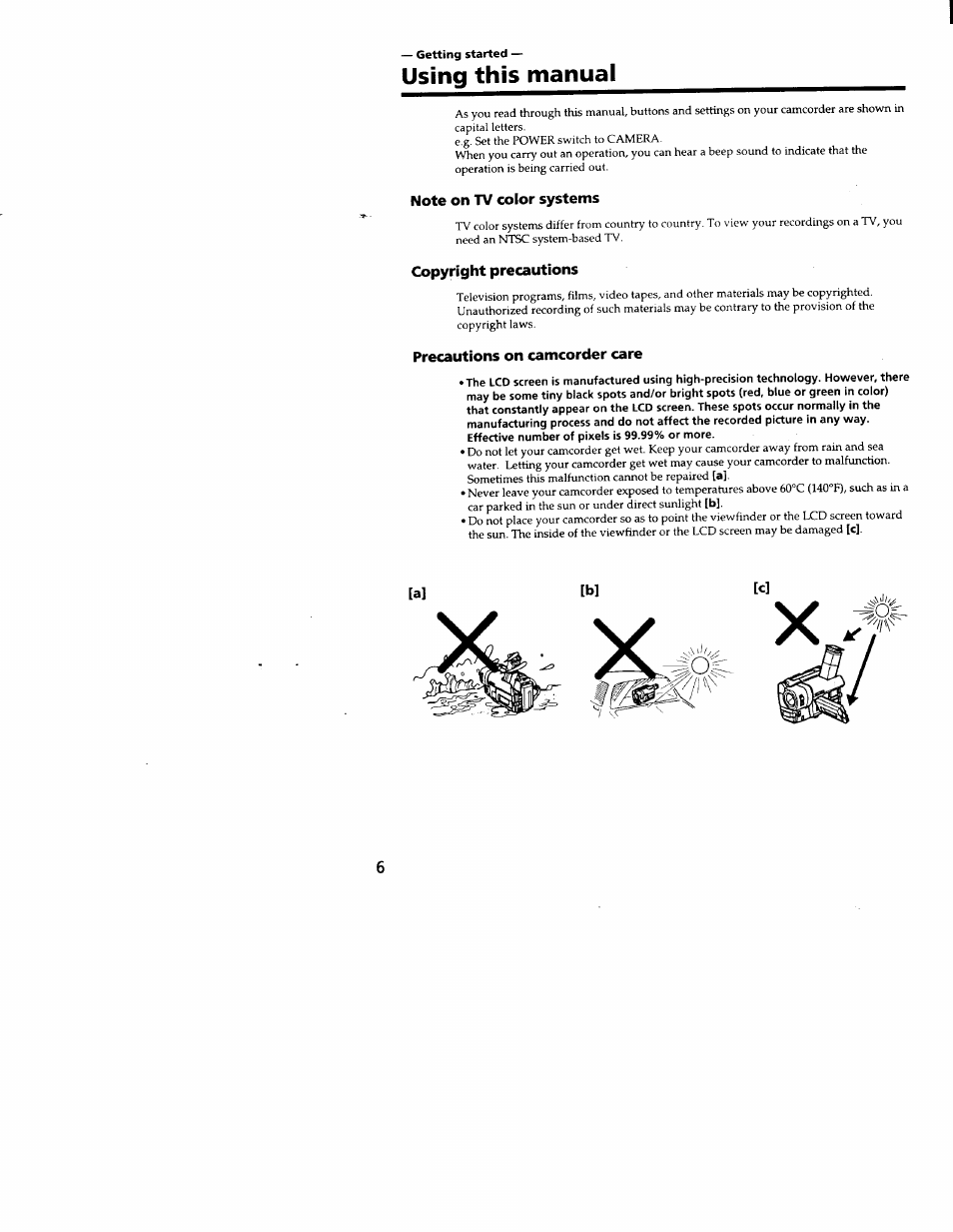 Using this manual, Note on tv color systems, Copyright precautions | Precautions on camcorder care | Sony CCD-TRV66 User Manual | Page 6 / 84