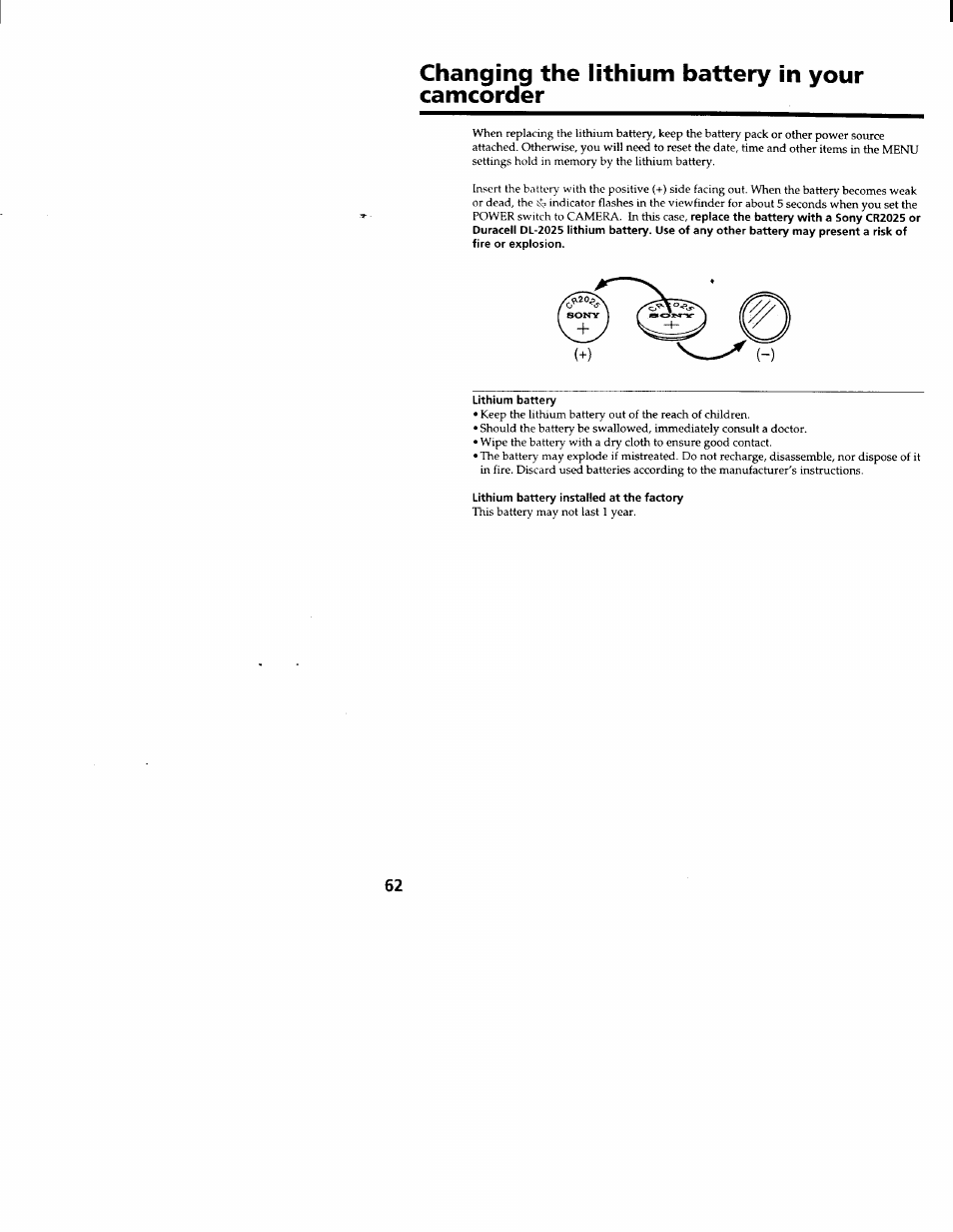 Changing the lithium battery in your camcorder, Lithium battery, Lithium battery installed at the factory | Sony CCD-TRV66 User Manual | Page 62 / 84