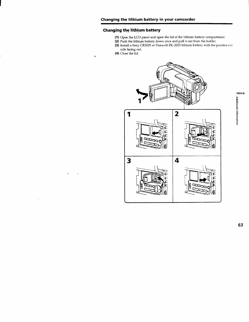 Changing the lithium battery in your camcorder, Changing the lithium battery | Sony CCD-TRV66 User Manual | Page 63 / 84