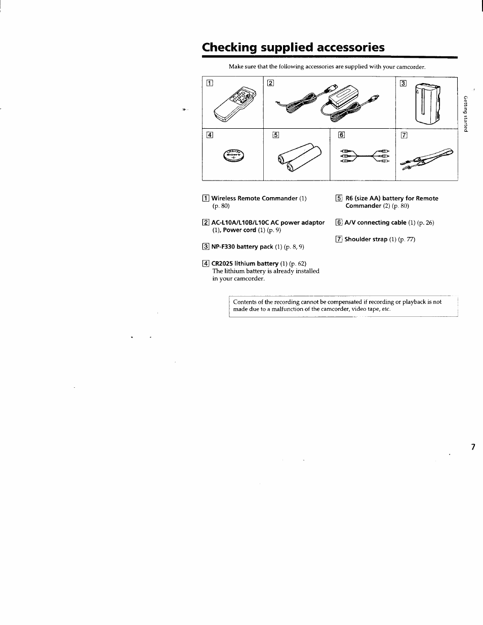 Checking supplied accessories, Q] wireless remote commander (1) | Sony CCD-TRV66 User Manual | Page 7 / 84
