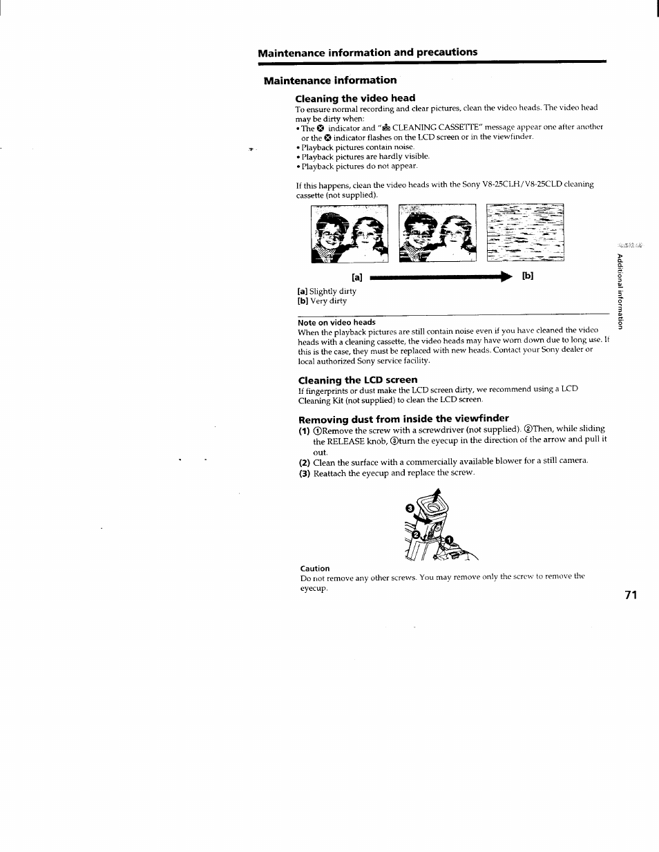 Maintenance information, Cleaning the video head, Note on video heads | Cleaning the lcd screen, Removing dust from inside the viewfinder, Caution | Sony CCD-TRV66 User Manual | Page 71 / 84