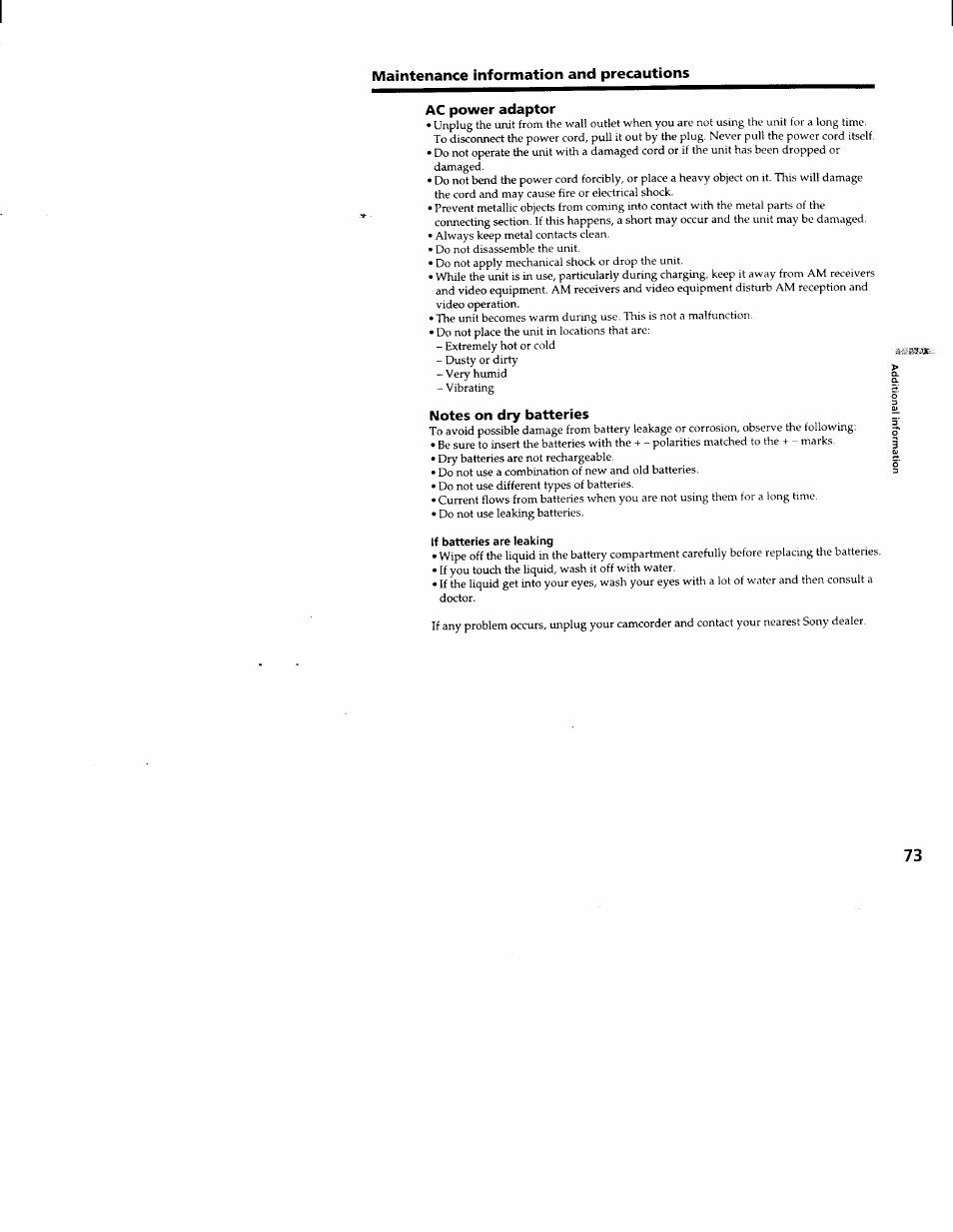 Ac power adaptor, Notes on dry batteries, If batteries are leaking | Sony CCD-TRV66 User Manual | Page 73 / 84