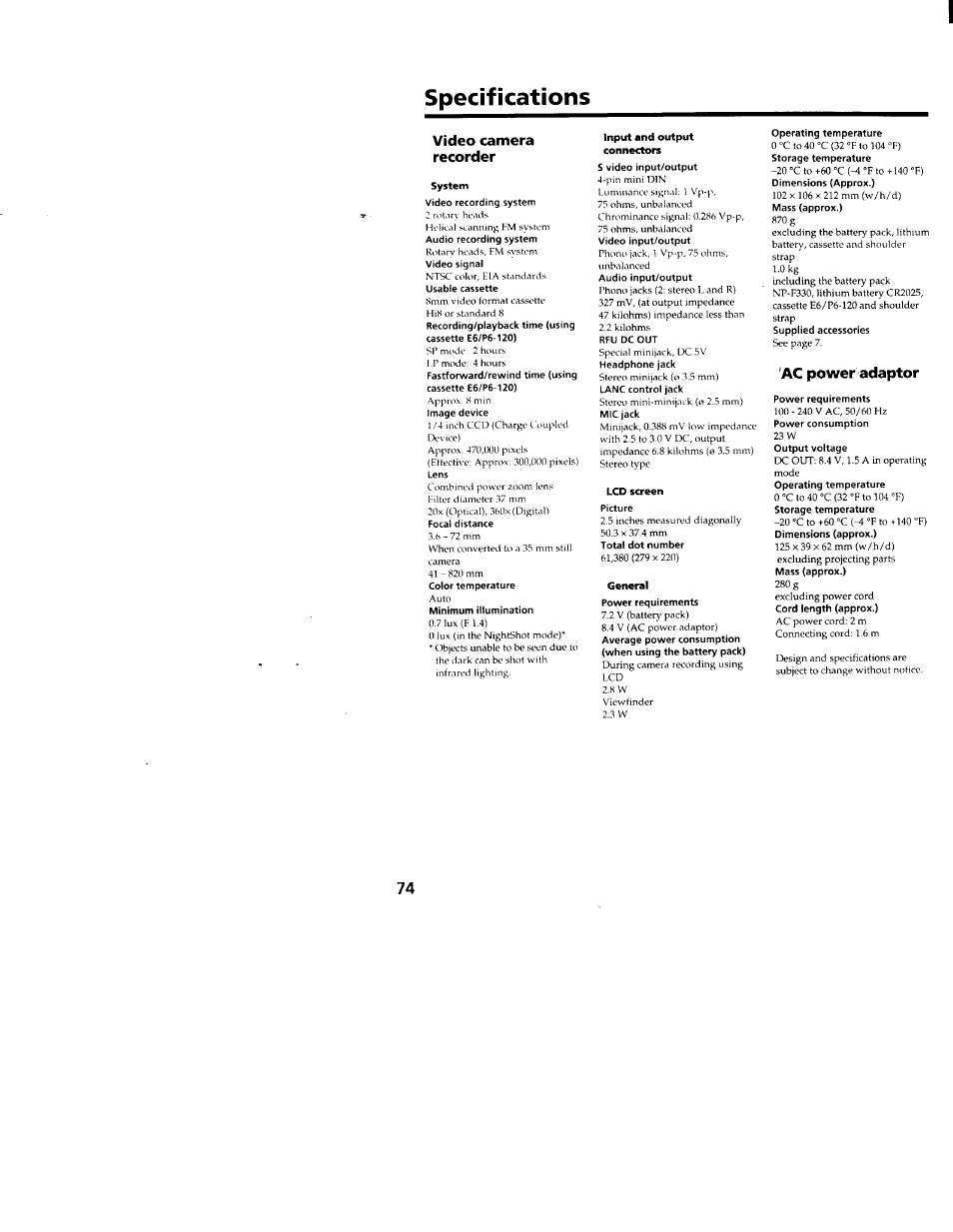 Specifications, Video camera recorder, Ac power adaptor | Sony CCD-TRV66 User Manual | Page 74 / 84