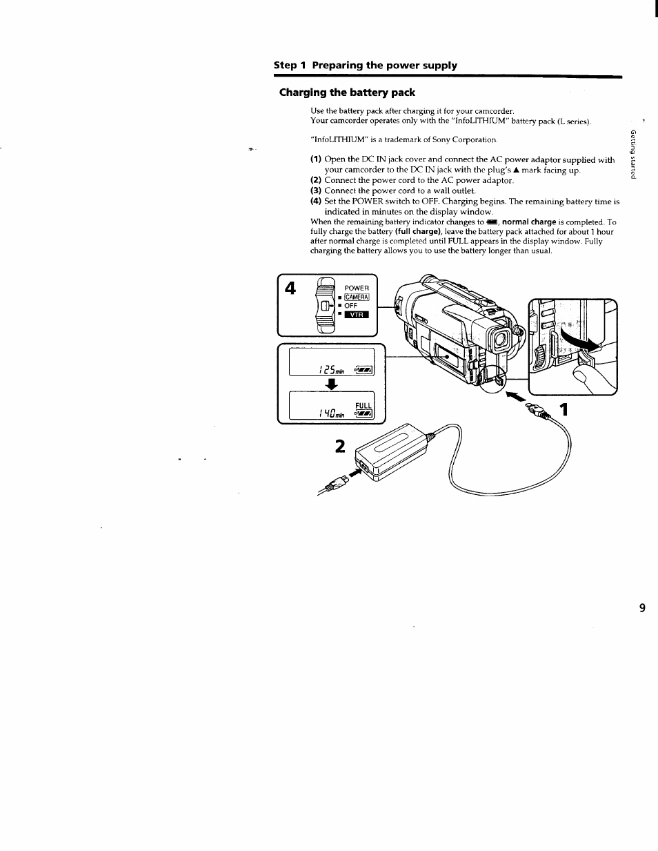 Charging the battery pack | Sony CCD-TRV66 User Manual | Page 9 / 84