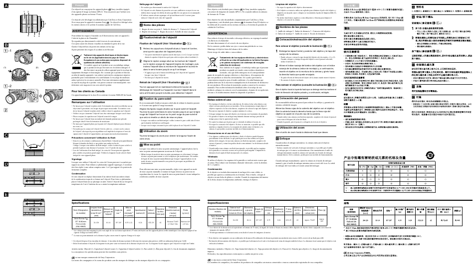Rear side, Avertissement, Pour les clients au canada | Remarques sur l’utilisation, Noms des pièces, Fixation/retrait de l’objectif, Fixation du pare-soleil, Utilisation du zoom, Mise au point, Advertencia | Sony SAL-1680Z User Manual | Page 2 / 2