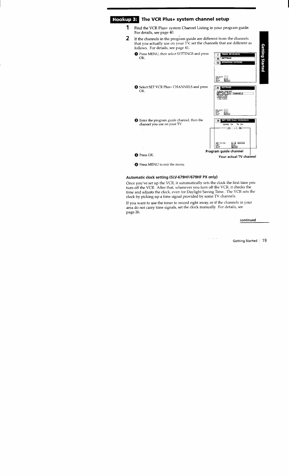 Automatic clock setting (slv-679hf/579hf px only), Hookup 3: the vcr plus+ system channel setup | Sony SLV-662HF User Manual | Page 19 / 80