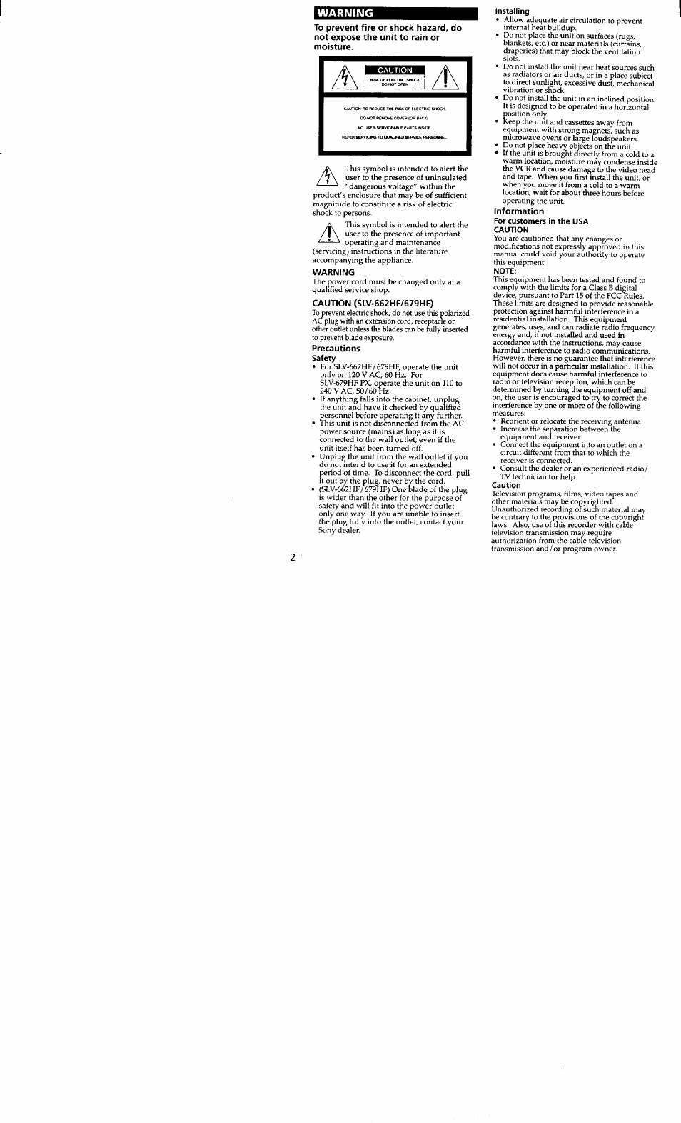 Warning, Caution (slv-662hf/679hf), Precautions | Installing, Information, Caution, Note | Sony SLV-662HF User Manual | Page 2 / 80