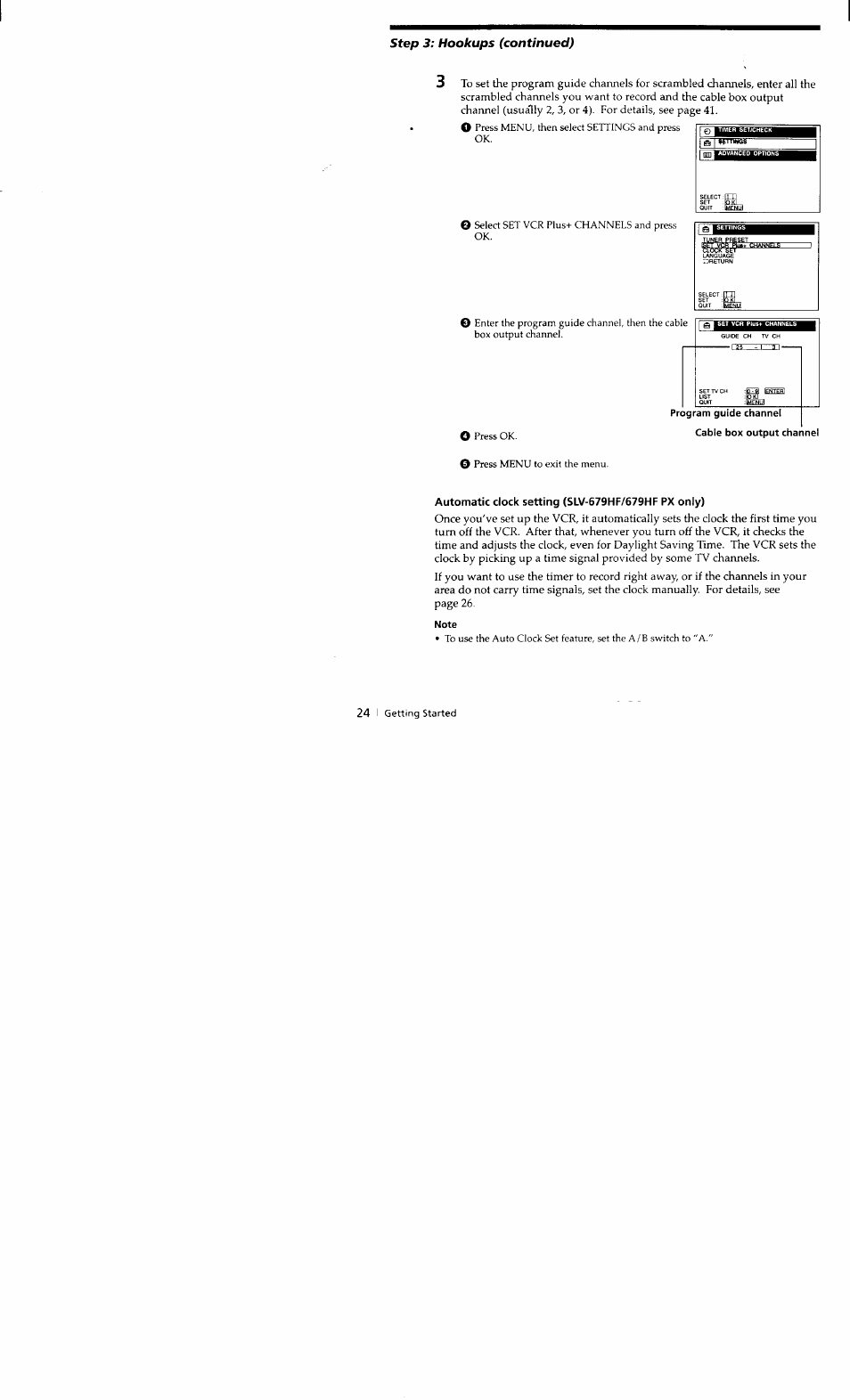 Cable box output channel, Automatic clock setting (slv-679hf/679hf px only), Note | Step 3: hookups (continued) | Sony SLV-662HF User Manual | Page 24 / 80