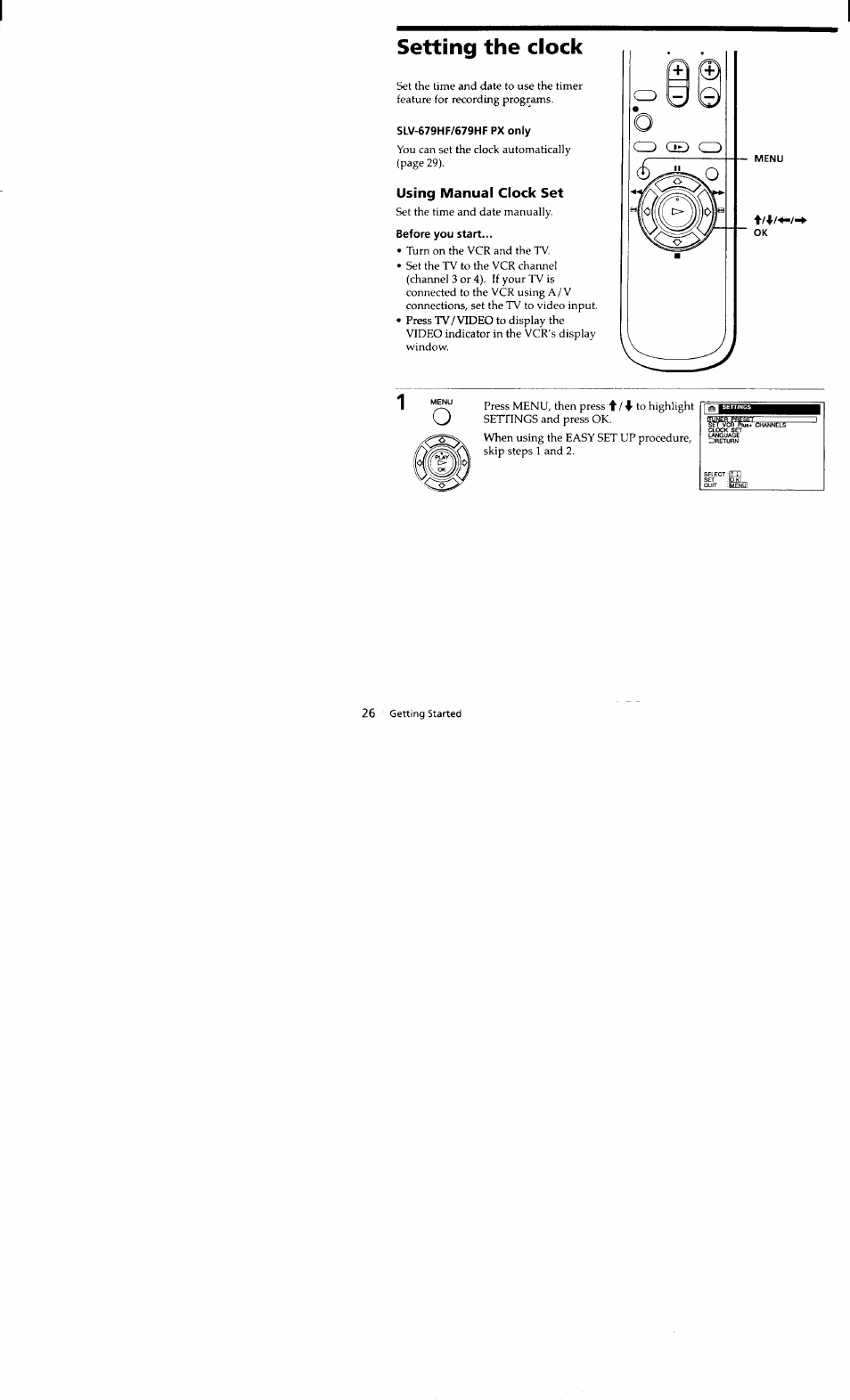 Setting the clock, Slv-679hf/679hf px only, Using manual clock set | Before you start | Sony SLV-662HF User Manual | Page 26 / 80