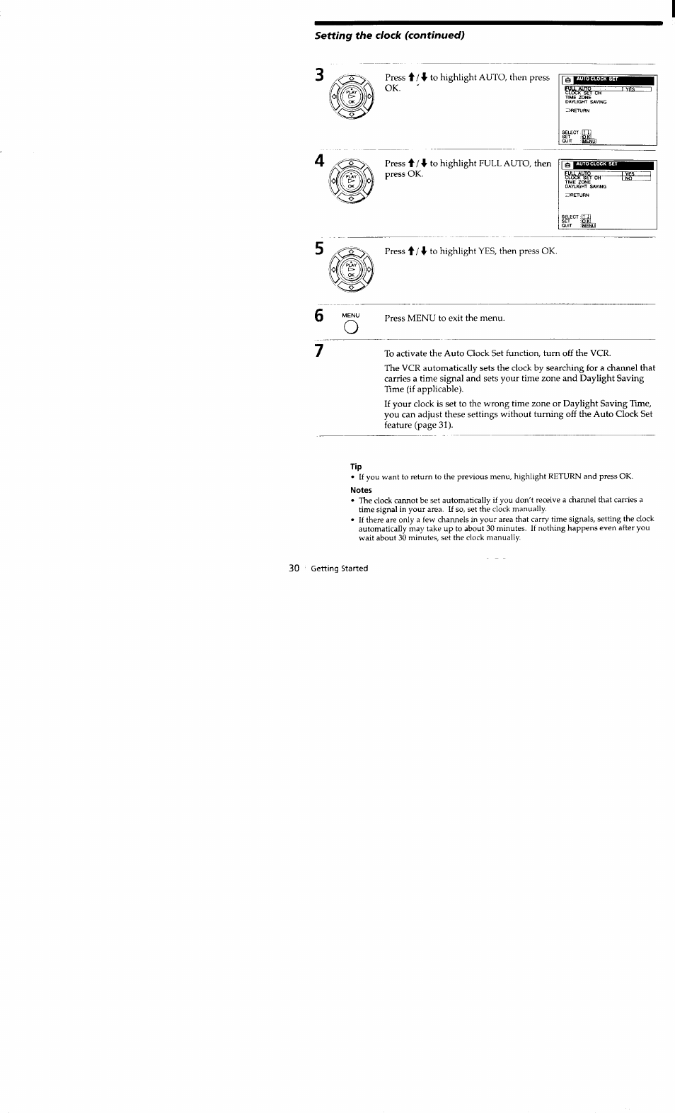 Notes, Setting the dock (continued), Press ♦ / ♦ to highlight full auto, then press ok | Sony SLV-662HF User Manual | Page 31 / 80