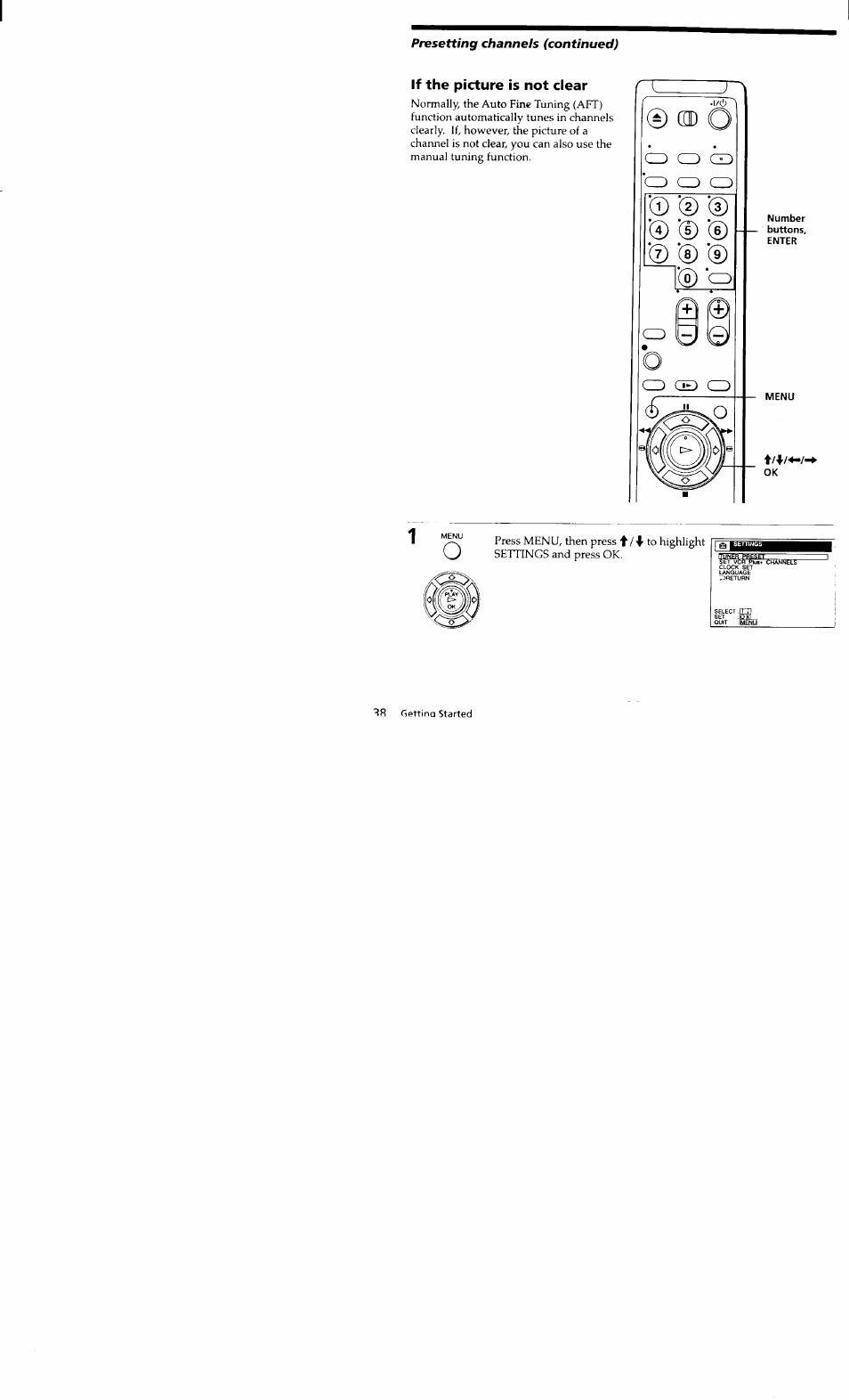 If the picture is not clear, Presetting channels (continued), Number buttons, enter menu ok | Gettina started | Sony SLV-662HF User Manual | Page 39 / 80