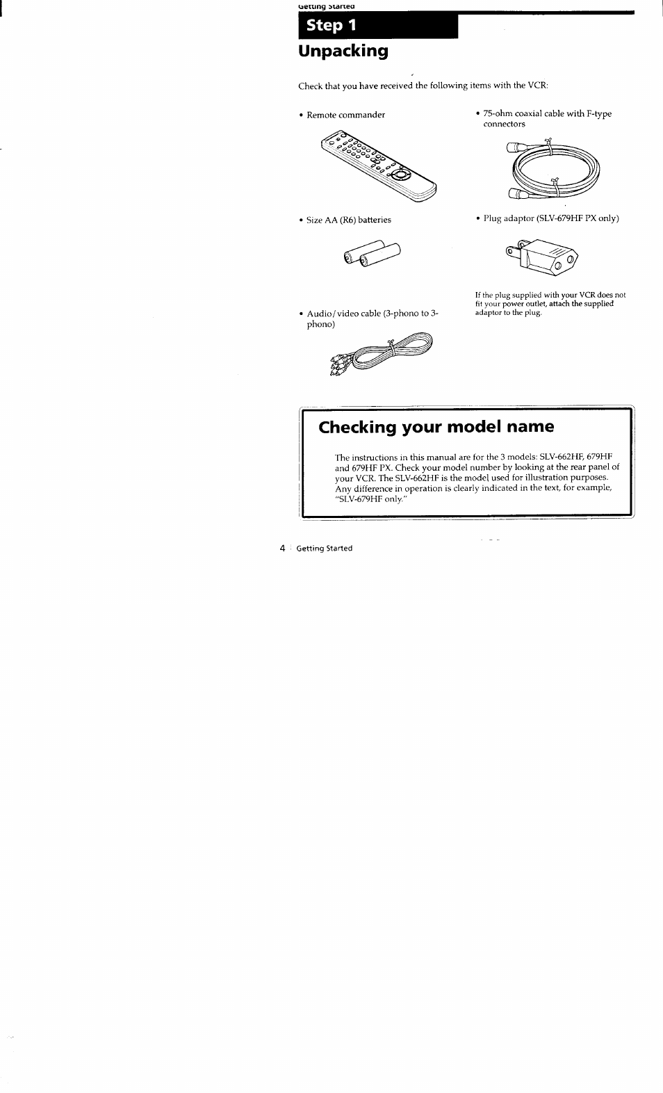 Uemng biariea, Step 1, Unpacking | Checking your model name, Step 1 unpacking | Sony SLV-662HF User Manual | Page 4 / 80
