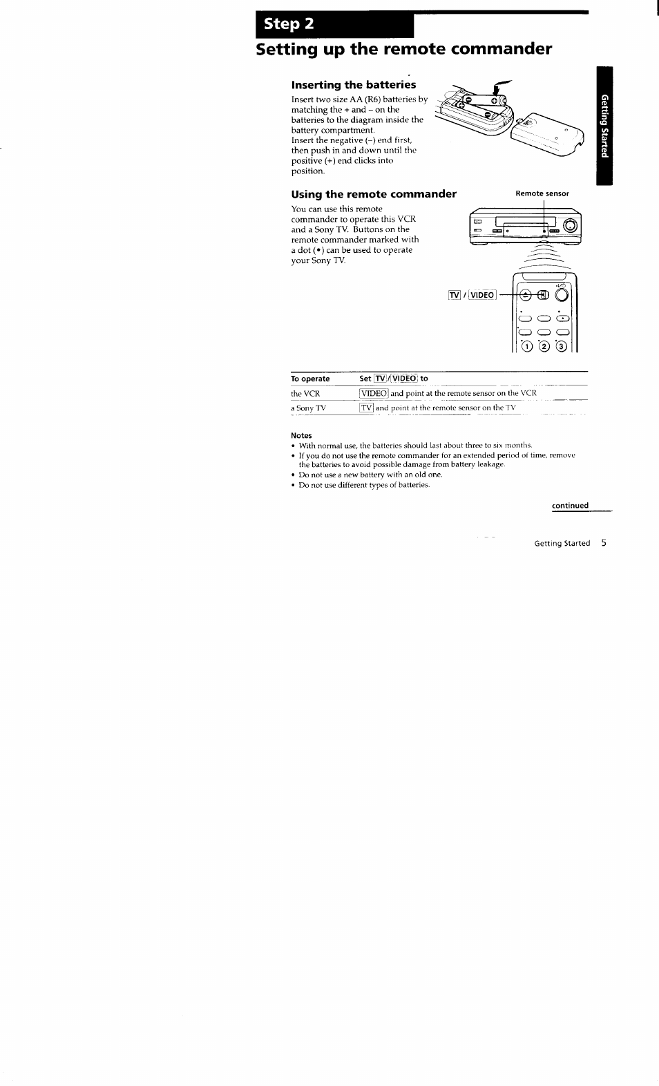 Step 2, Setting up the remote commander, Inserting the batteries | Using the remote commander, Set [tv/[videb: to, Notes, Continued, Step 2 setting up the remote commander | Sony SLV-662HF User Manual | Page 5 / 80