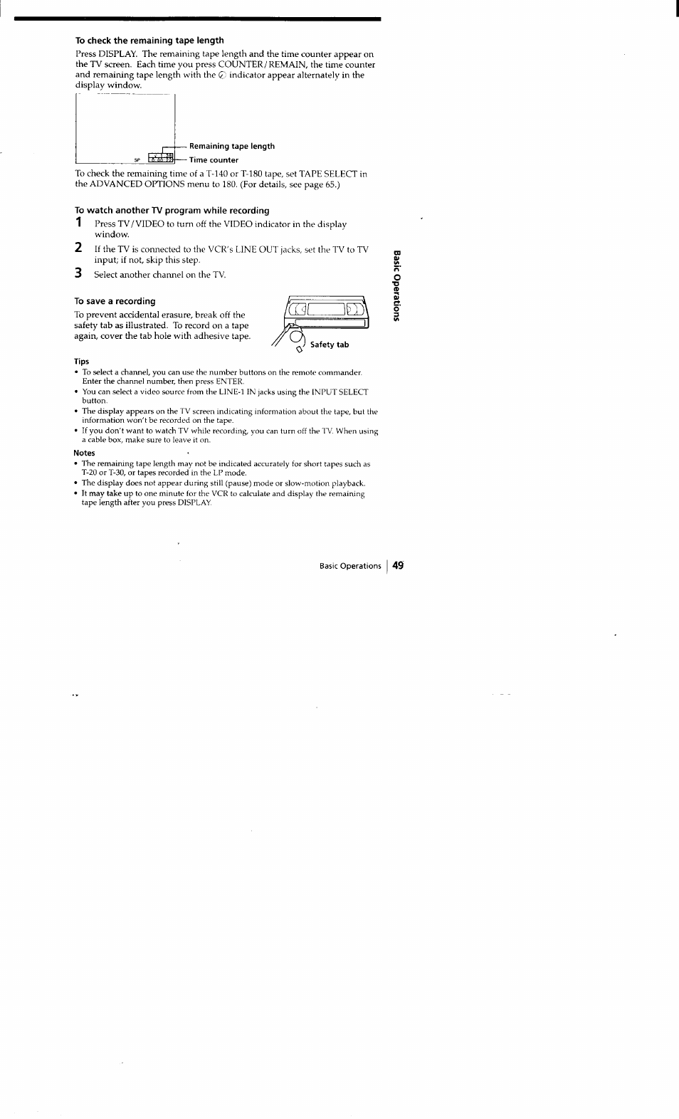 To check the remaining tape length, To watch another tv program while recording, To save a recording | Tips, Notes | Sony SLV-662HF User Manual | Page 50 / 80