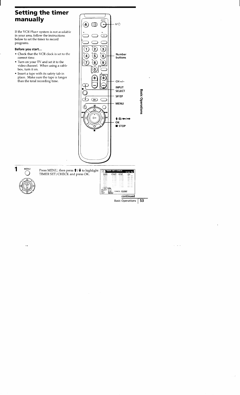 Setting the timer manually, Before you start, Number | 0 ffl) 0, Cd o o 'o q co | Sony SLV-662HF User Manual | Page 54 / 80