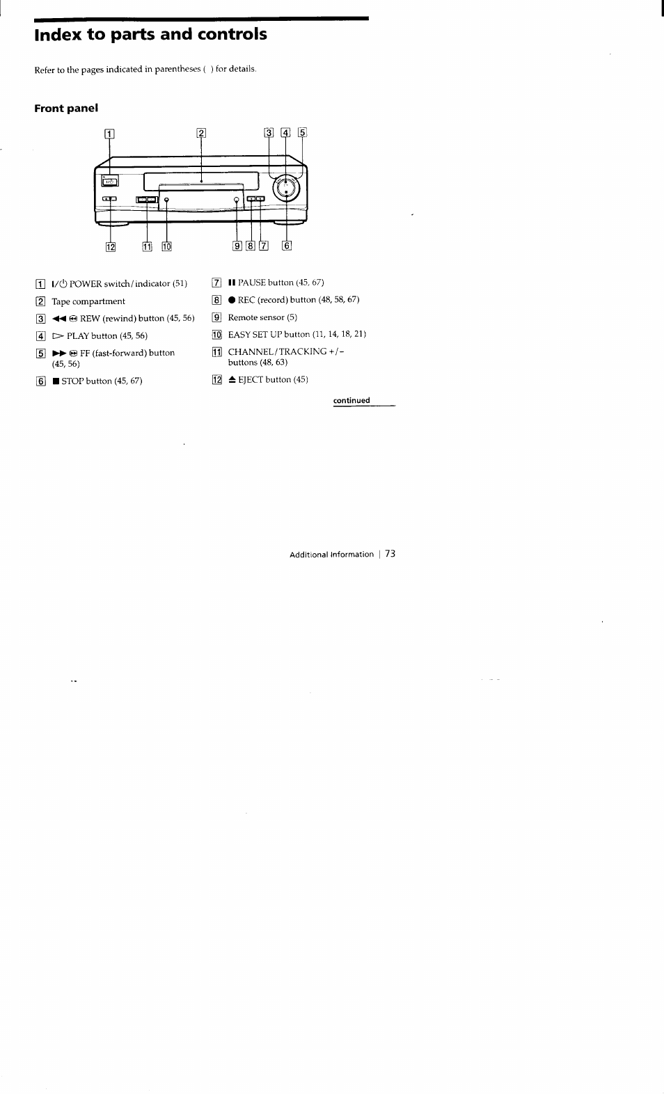 Index to parts and controls, Front panel, Continued | Sony SLV-662HF User Manual | Page 74 / 80