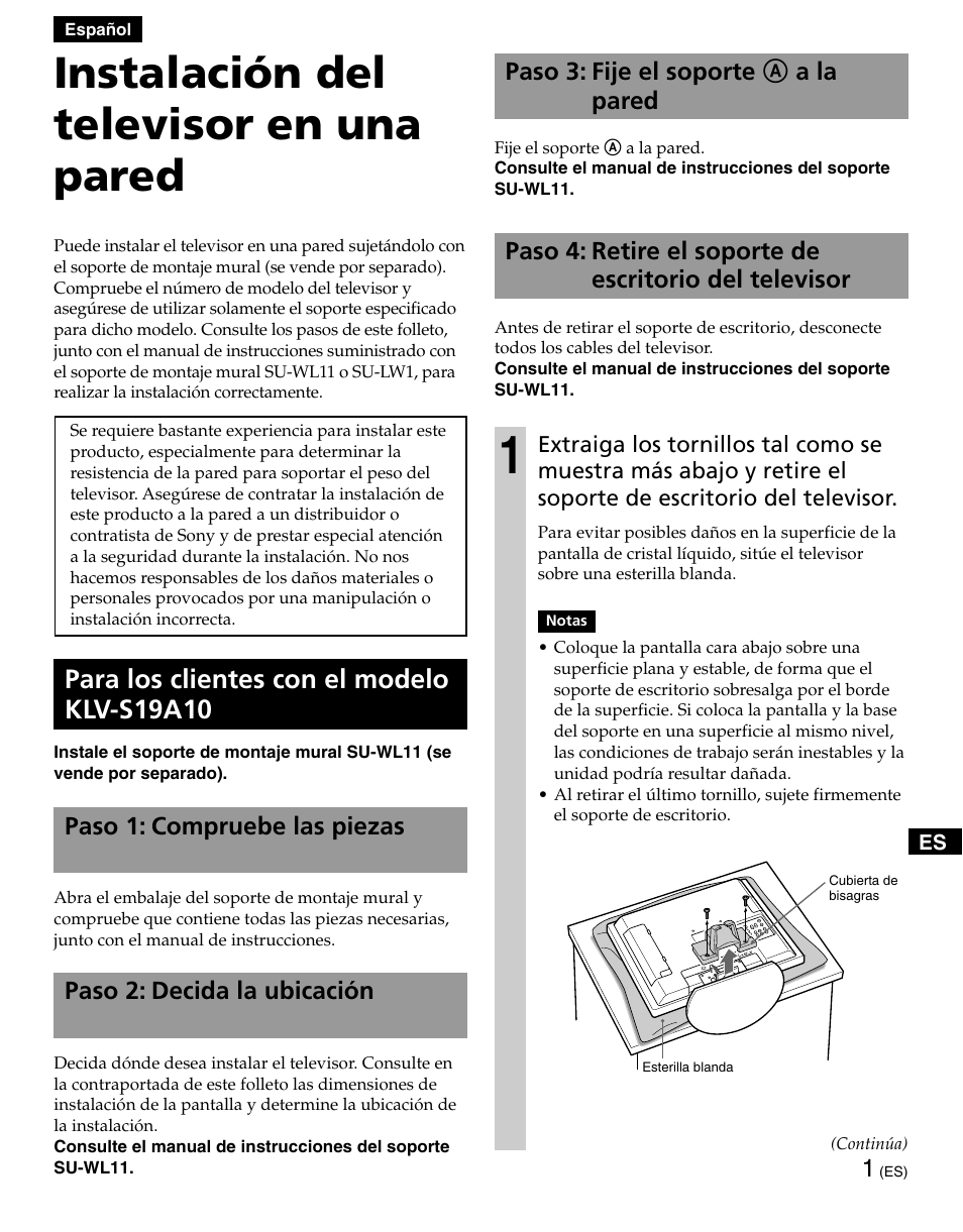 Español, Instalación del televisor en una pared, Para los clientes con el modelo klv-s19a10 | Sony KLV-S19A10 User Manual | Page 11 / 16